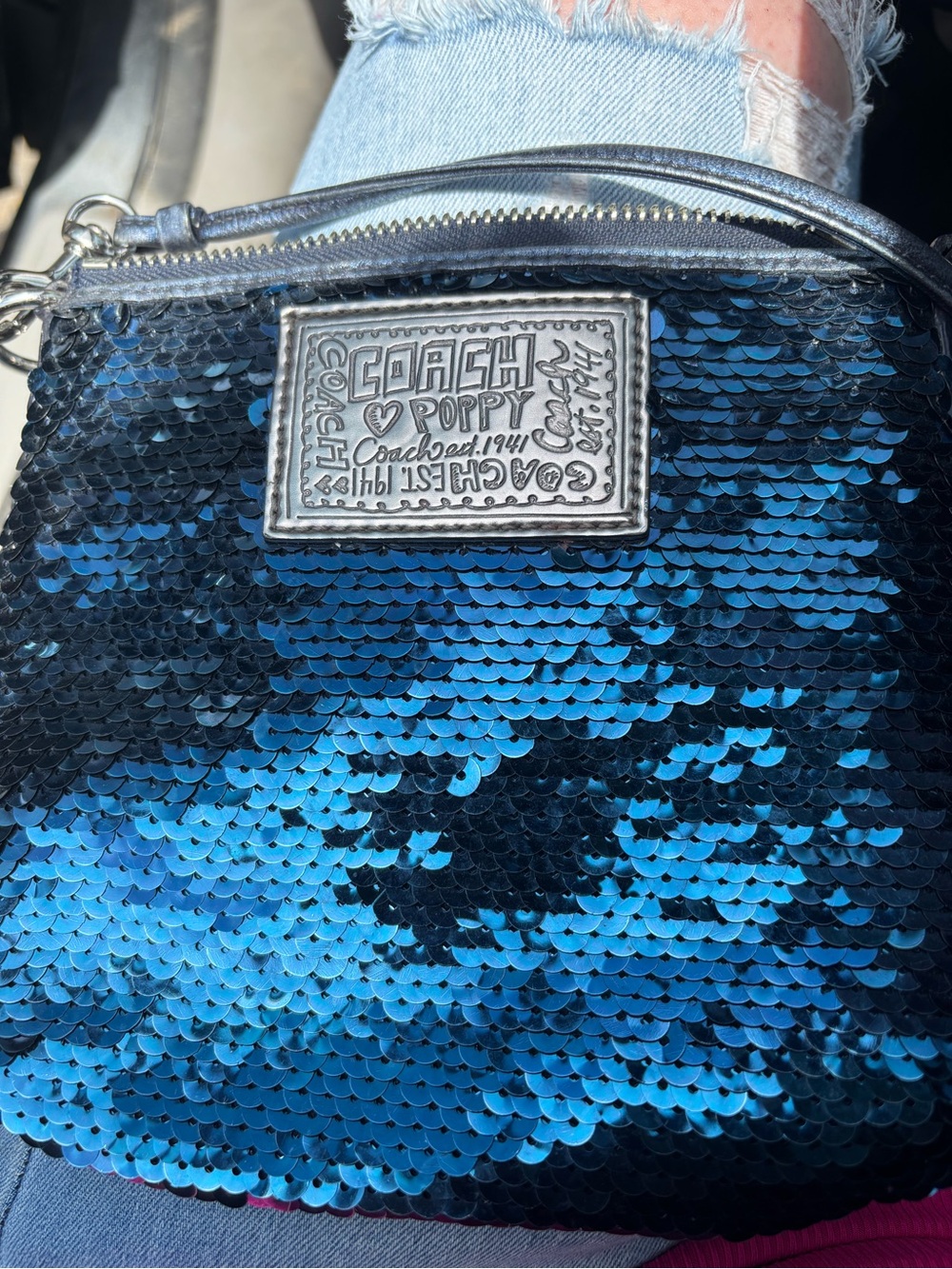 Coach Poppy Reversible Sequin Wristlet in Blue and Black